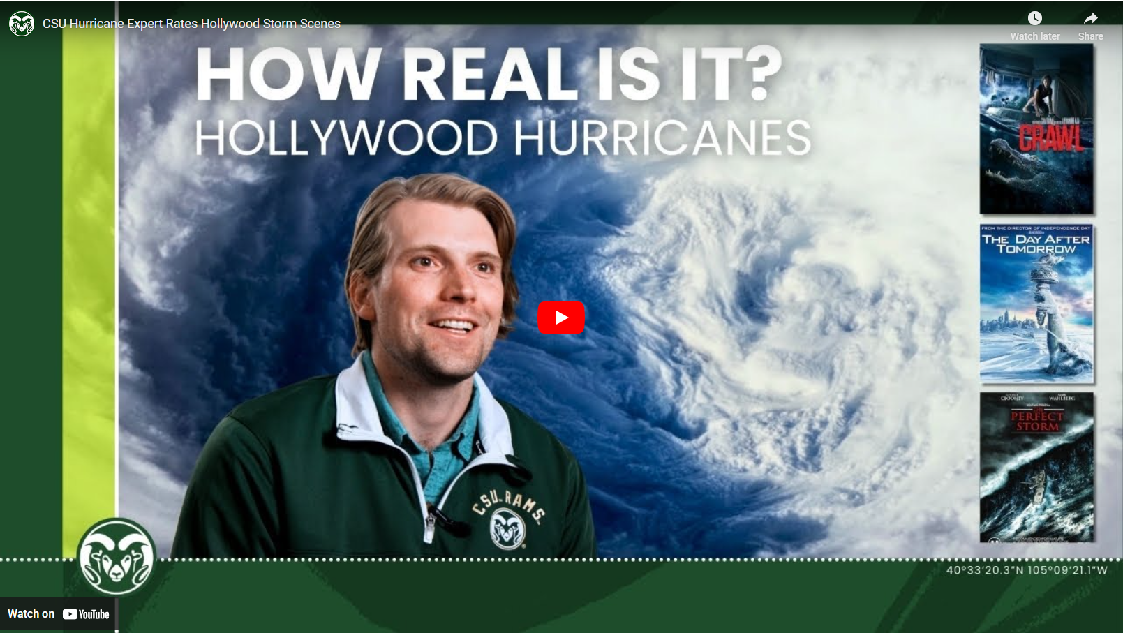 YouTube video view of researcher and hurricane